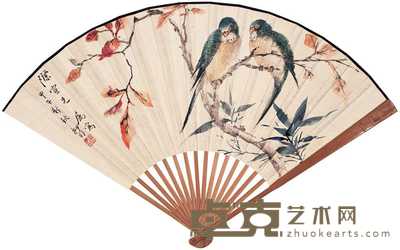 陆抑非 署年：甲午（1954） 红叶鹦鹉 成扇 19×45cm